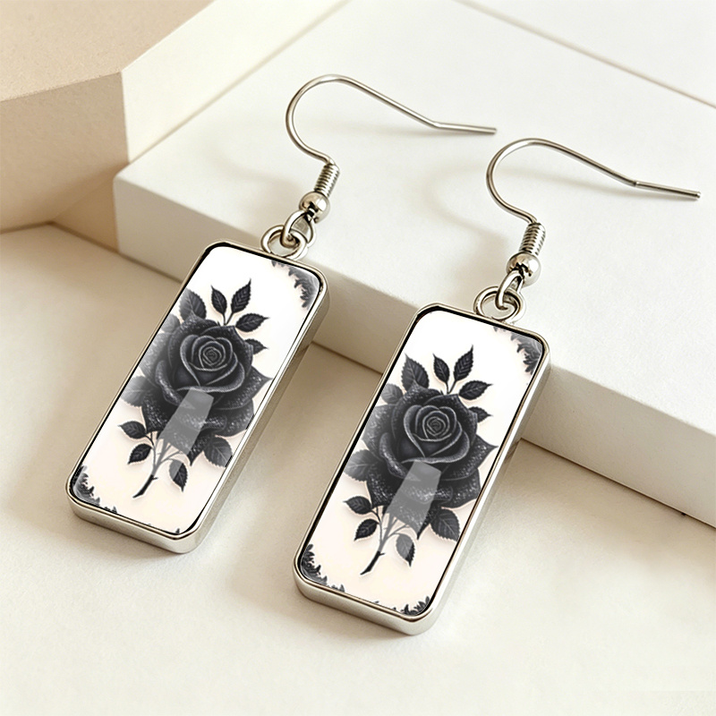 Vintage Black Rose Rectangle Glass Dangle Earrings, Handmade